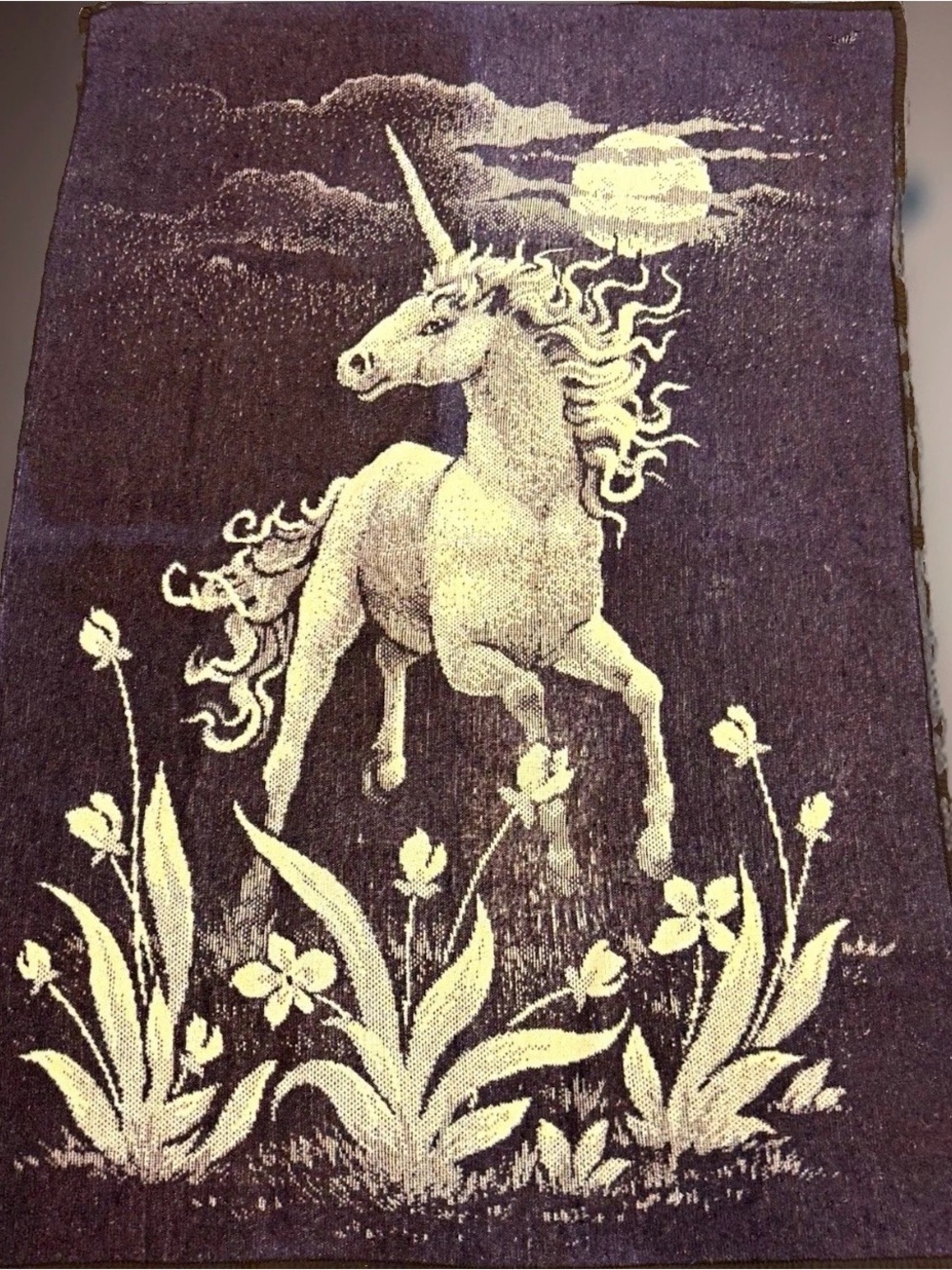 Vtg Reversible UNICORN MOON Knit Throw 54x78 Soft Stretchy Floral Imperfect